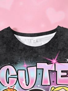 THE POWERPUFF GIRLS X SHEIN Tween Girl Letter Cartoon Print Short Sleeve Casual T-Shirt - White - View 3
