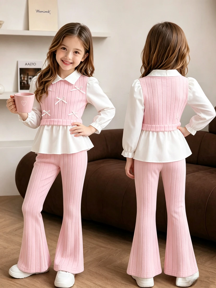 SHEIN Elladie kids 女童秋冬休閒襯衫套裝,白色3D蝴蝶結,淺粉色針織刷毛羅紋布拼接梭織布,白色長袖翻領荷葉邊下擺2合1襯衫上衣,搭配淺粉色刷毛羅紋休閒喇叭長褲,2件套,適合開學、休閒、時尚、甜美、可愛、淑女、日常、出遊、旅行、拍照 - 粉色 - 查看 1