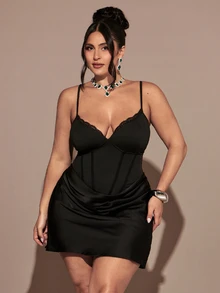 Gossip Girl X SHEIN SHEIN BAE CURVE Plus Size Women Solid Color Minimalist Party Mini Cami Dress,Halloween, Christmas, Elegant, Sexy Party, And Birthday Party Dresses, - Black - View 7