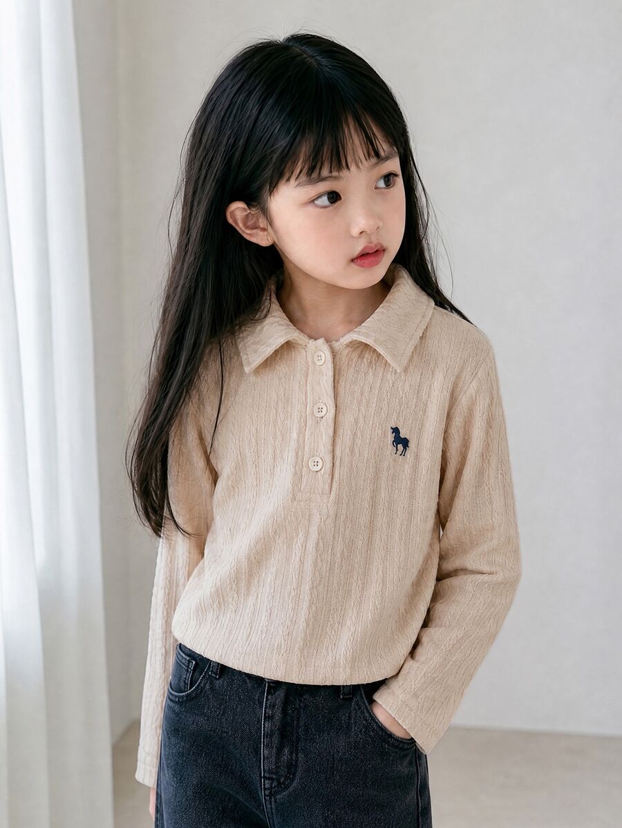 Dazy Kids Young Girl) Textured Hollow Design Collared Short Sleeve T-Shirt - Apricot - View 1