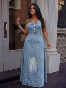 Slaydiva Women's Fashion Casual Long Denim Tube Dress - Blue - View 4