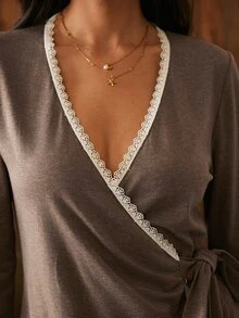 Lullawish Women's Casual Long Sleeve V-Neck Lace Patchwork Twist Knot Robe - Coffee Brown - View 6