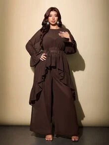 Viva Relle Atasan Wanita Lembut Chiffon Leher Bulat Berkerut Hem Asimetris Minimalis Elegan untuk Perjalanan Sehari-hari, Pesta Koktail, Celana Panjang Lebar, Setelan Dua Potong Warna Cokelat Musim Gugur - Coffee Brown - View 4