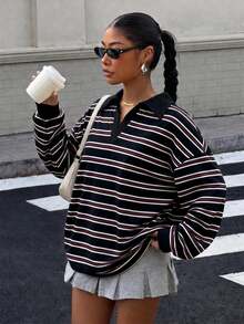 Muchica Women's Striped Drop Shoulder Long Sleeve Casual Loose Sweatshirt - Black - View 1