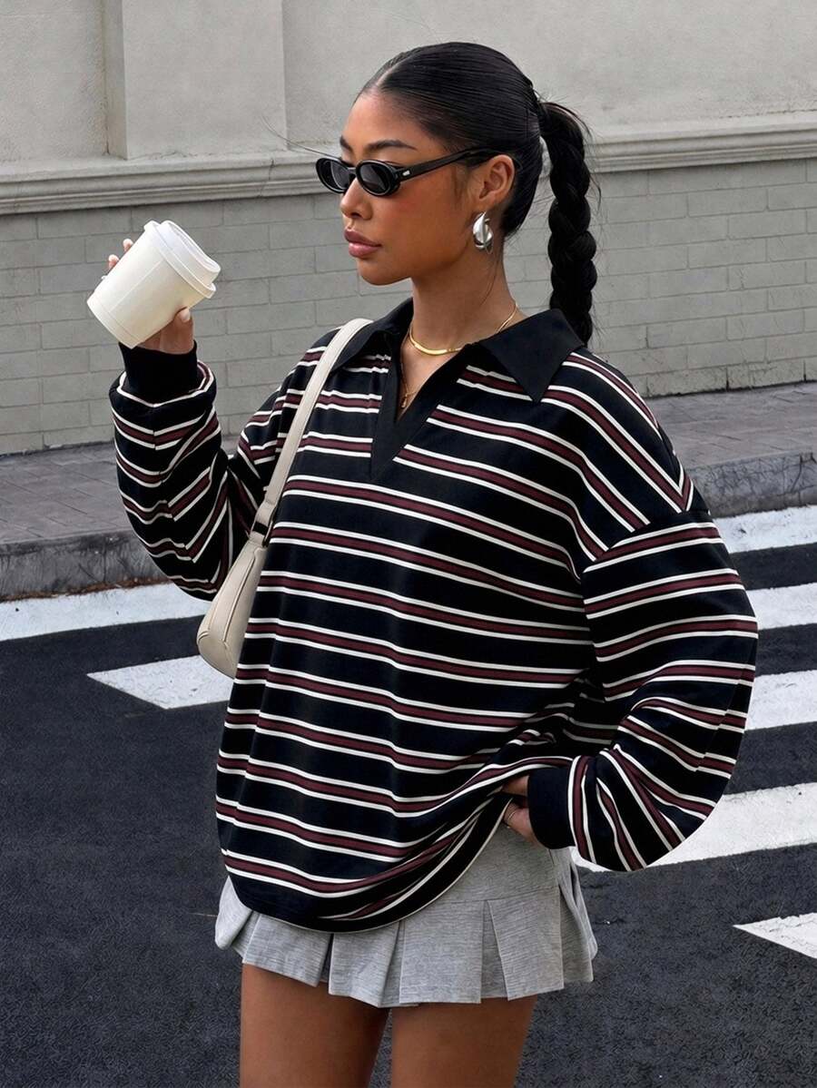 Muchica Women's Striped Drop Shoulder Long Sleeve Casual Loose Sweatshirt - Black - View 1