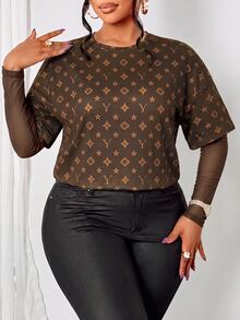 SOLERSUN Plus Size Women Letter Print Contrast Mesh 2 In 1 T-Shirt Fall Vacation Going Out Casual Cargo - Brown - View 3