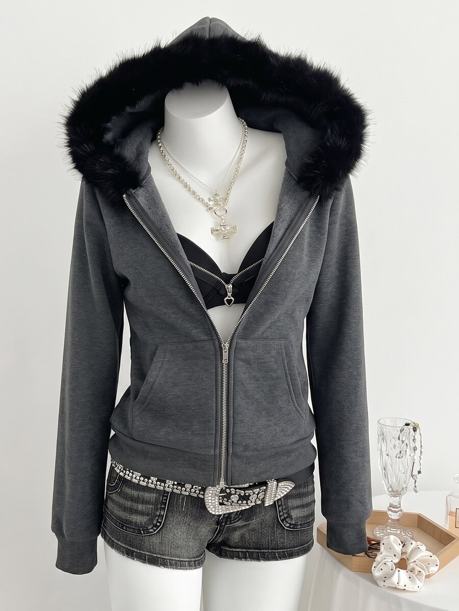 SHEIN Unity Women's Autumn Patchwork Fuzzy Skull Print Long Sleeve Zip-Up Hooded Sweatshirt With Pockets - Dark Grey - View 1