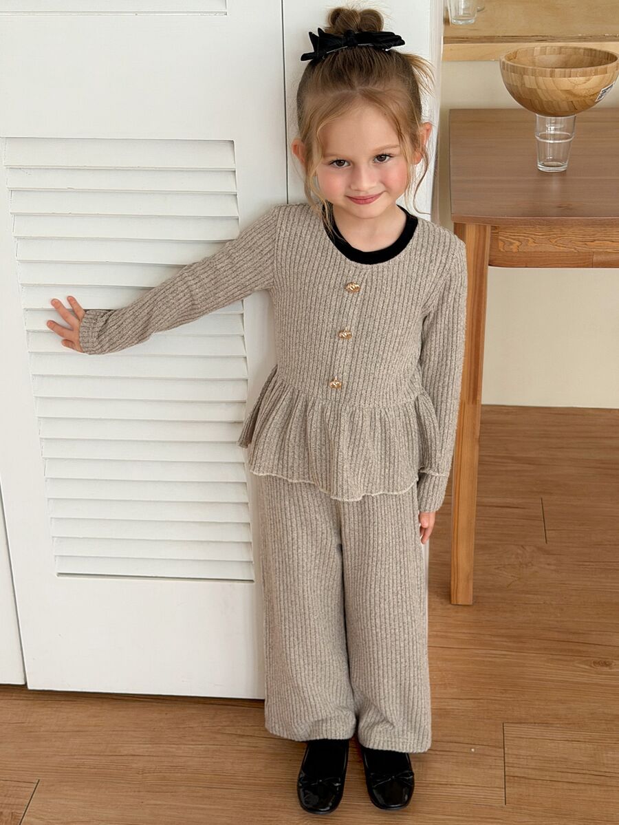 Hapijoa Young Girl Button Ruffle Hem Sweatshirt And Pants Set - Light Grey - View 1
