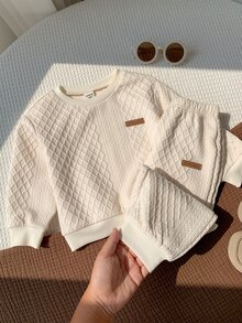 2件組嬰兒男童/女童白色紋理布料圓領長袖套頭運動衫與鬆緊腰長褲慢跑褲套裝，秋冬款 - 杏色 - 查看 7