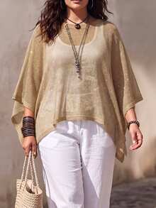 Linhara CURVE Plus Size Women's Spring/Summer/Autumn Asymmetrical High-Low Round Neck Cape Top, Atmosphere-Enhancing Shawl Outerwear, Suitable For Daily Commute, Outings, Dates, Parties And More - Khaki - View 6