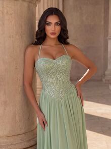 Coutiva Light Green Halter Neck Heart-Shaped Collar Sequin Patchwork Chiffon Flowy Long Evening Gown - Green - View 5