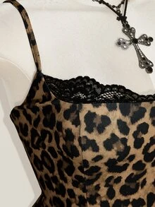 SHEIN ICON Women's Plus Size Leopard Print Contrast Lace Cami Dress - Brown - View 7