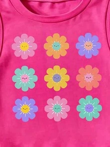 女童幼兒春夏秋時尚彩色花朵彩虹字母印花休閒基礎背心短褲套裝 - 彩色 - 查看 3