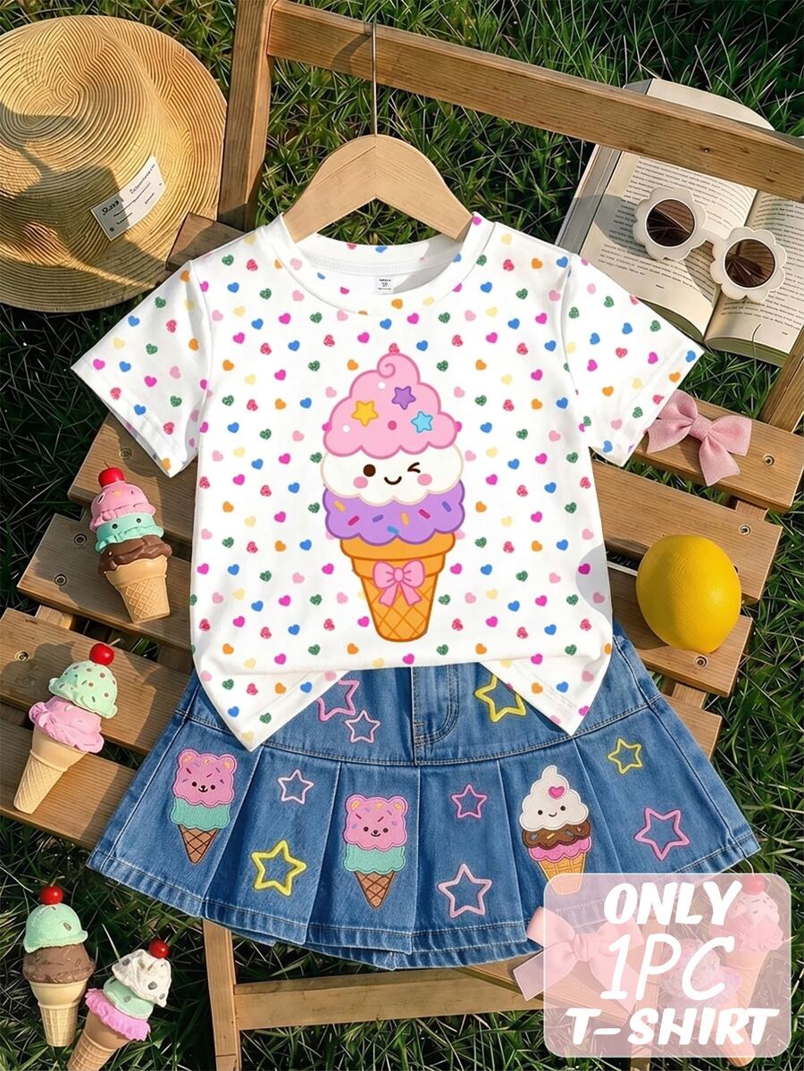 SHEIN Playful Pals 女童T恤,四季穿著,春夏秋冬,舒適時尚街頭風,適合4-7歲女孩,甜美可愛冰淇淋彩虹愛心卡哇伊,度假日常上學聖誕節情人節 - 白色 - 查看 1