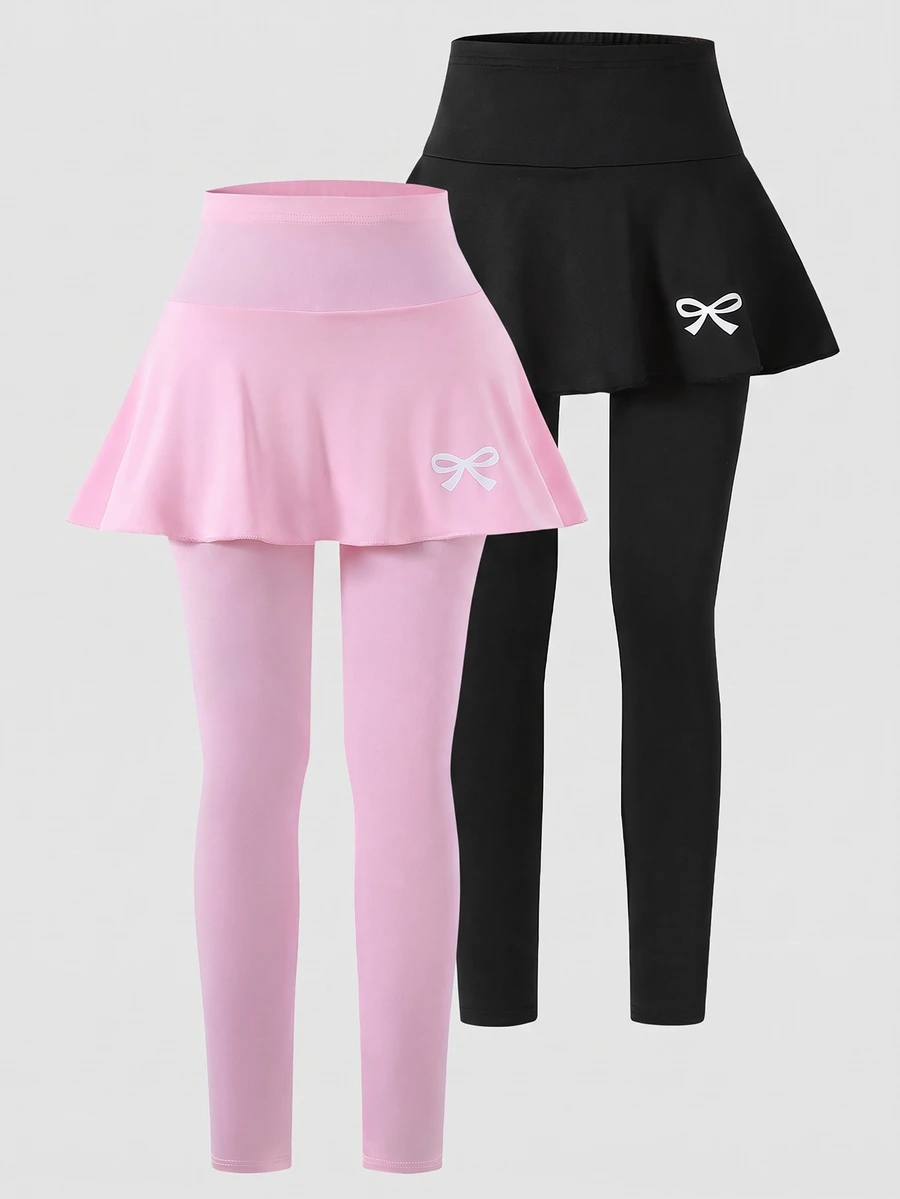 SHEIN 少女緊身褲,休閒優雅 2 合 1 蝴蝶結圖案裙褲,適合春、秋、夏穿著,完美搭配外出造型 - 彩色 - 查看 1