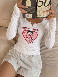 CovetEZ Betty Boop x SHEIN 95%棉女款字母與愛心印花鈕扣設計T恤，適合外出、街頭穿搭、機場穿著 - 白色 - 查看 6