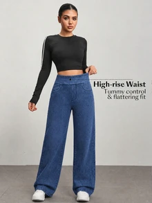 Flexra Women's Loose Straight Leg Stretch Plus Size Denim Jeans - Blue - View 7