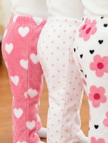 3pcs/Set, Baby Girl Casual Polka Dot Heart Floral Pattern Winter Pants - Multicolor - View 4