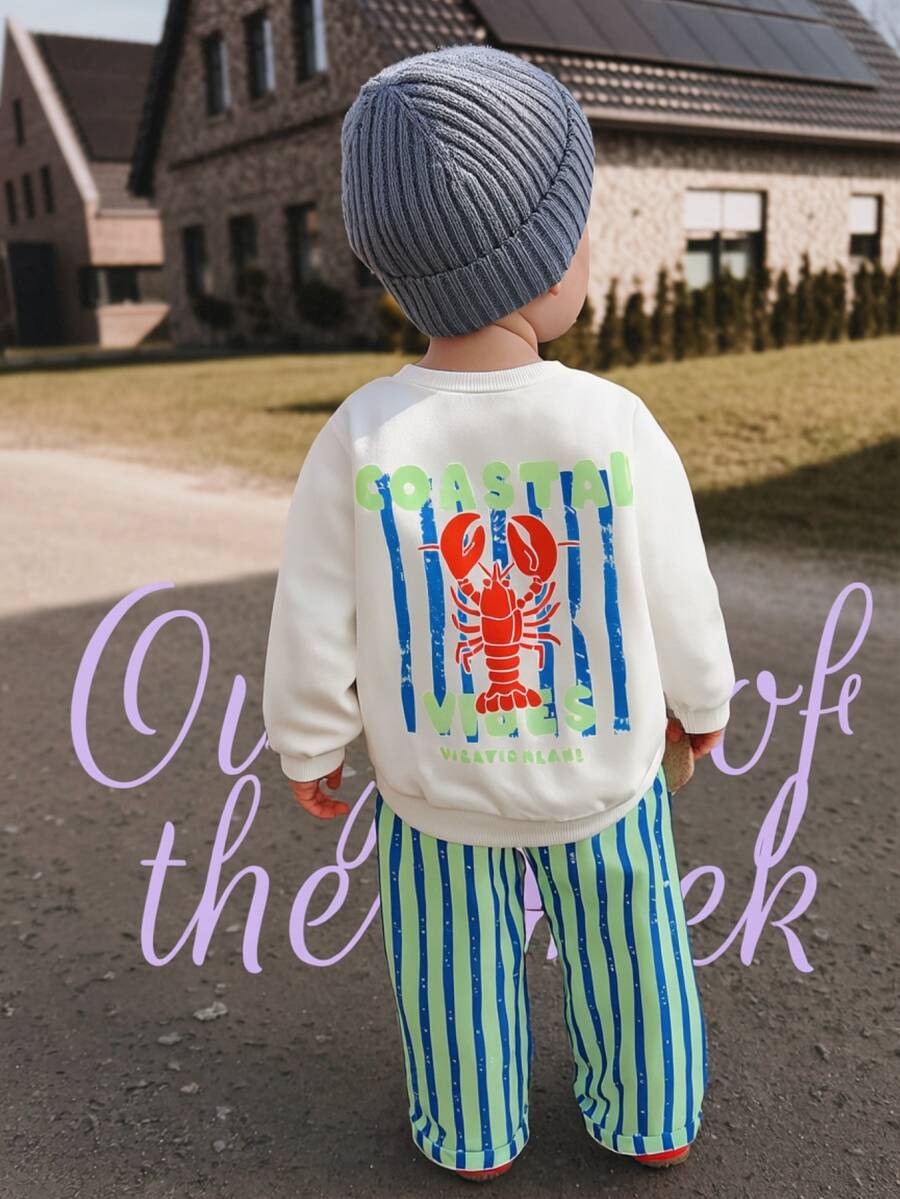 Young Boys Cute White Boys' Autumn Sweatshirt And Striped Athletic Set (2 Pieces Set) Suitable For Autumn And Winter - Multicolor - View 1