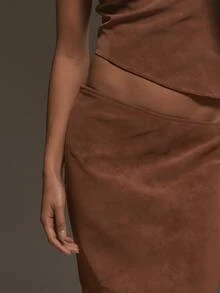 MUSERA تنورة ميدي غير متماثلة منخفضة الخصر بلون برتقالي محروق، إطلالات بأسلوب بارد للخريف والشتاء - بني - مشاهدة 5