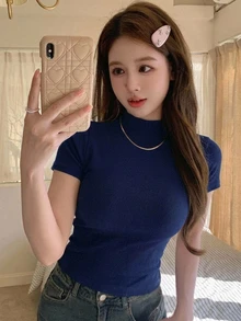 DAZY 女款純色修身百搭休閒短袖T恤 - 藏蓝色 - 查看 5