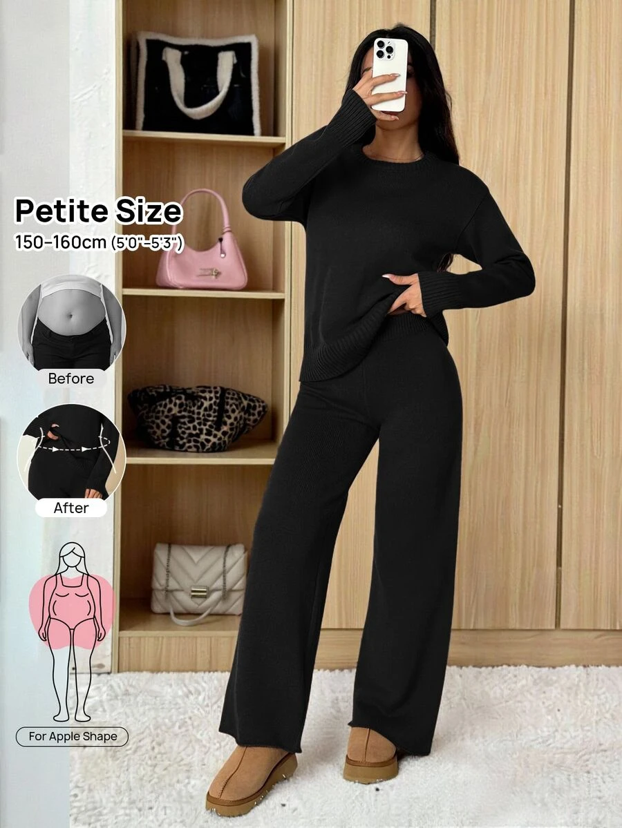 SHEIN PETITE 女款純色圓領長袖毛衣與長褲休閒正裝套裝,秋冬款 - 黑色 - 查看 1