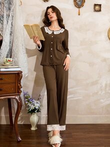 Côtesoire French Elegant Contrast Color Peter Collar Ribbed Knit Long Sleeve Women's Pajama Set - Coffee Brown - View 4