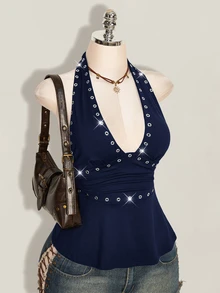 SHEIN ICON 萬聖節女性掛脖露背黑色與銀色娃娃裝背心，適合夜店、派對、夏季性感穿搭 - 藏蓝色 - 查看 7