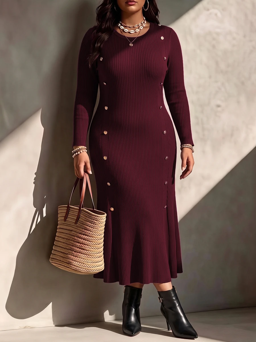SHEIN LUNE CURVE Plus Size Women Solid Color Long Sleeve Round Neck Metal Button Decor Knit Dress Winter - Burgundy - View 1