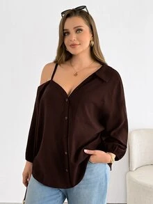 Shapeblank 大尺碼女款黑色鈕扣襯衫，秋季休閒正式辦公室上衣，春夏優雅露肩寬鬆百搭日常基礎上衣 - 棕色 - 查看 3
