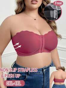 SHEIN 大尺碼無鋼圈前扣式抹胸內衣，1件裝 - 紅色 - 查看 5