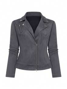 GlowEve CURVE Women's Plus Size Suede Lapel Zipper Front Casual Motorcycle Jacket - Grey - View 1
