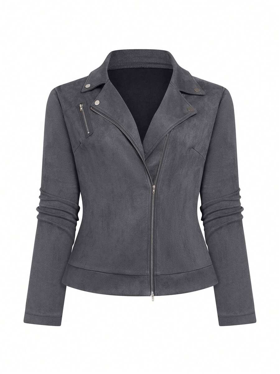 GlowEve CURVE Women's Plus Size Suede Lapel Zipper Front Casual Motorcycle Jacket - Grey - View 1