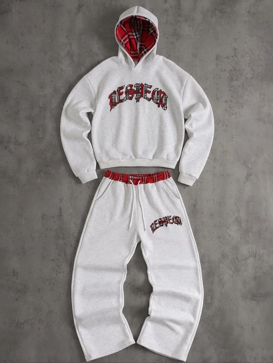 2pcs/Set Men's Teen Streetwear Floral Print All-Over Print Hoodie Pullover & Straight Leg Sweatpants Set, Suitable For Street Style, Unisex - Grey - View 1