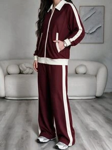 Modelyn Women's Casual Korean Style College Style Lapel Relaxed Fit Zip-Up Jacket & Wide Leg Pants Plus Size 2 Pieces Set - Burgundy - View 7