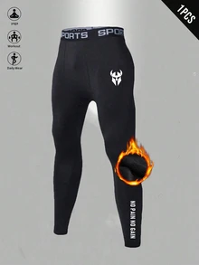 Acti Log Men Thermal Street Gym Compression Leggings, Minimal Bull Emblem, High Elastic Fleece Lined Full Length Workout Tights - Black - View 4