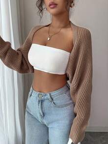 Rafferiza Women's Elegant Solid Color Ribbed Knit Cropped Cardigan, Spring - Mocha Brown - View 3