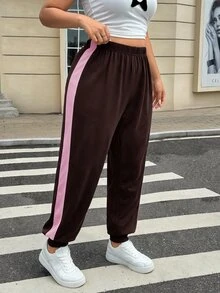 Muchica Plus Contrast Side Seam Sweatpants Graduation,Back To School Outfits,Graduation,Teacher Outfits For Women,Back To School - Chocolate Brown - View 1