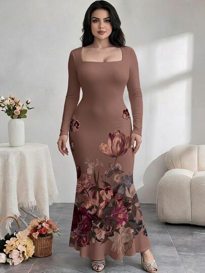 Modelyn Plus Size Women's Square Neck Long Sleeve Floral Print Fishtail Hem Elegant Dress