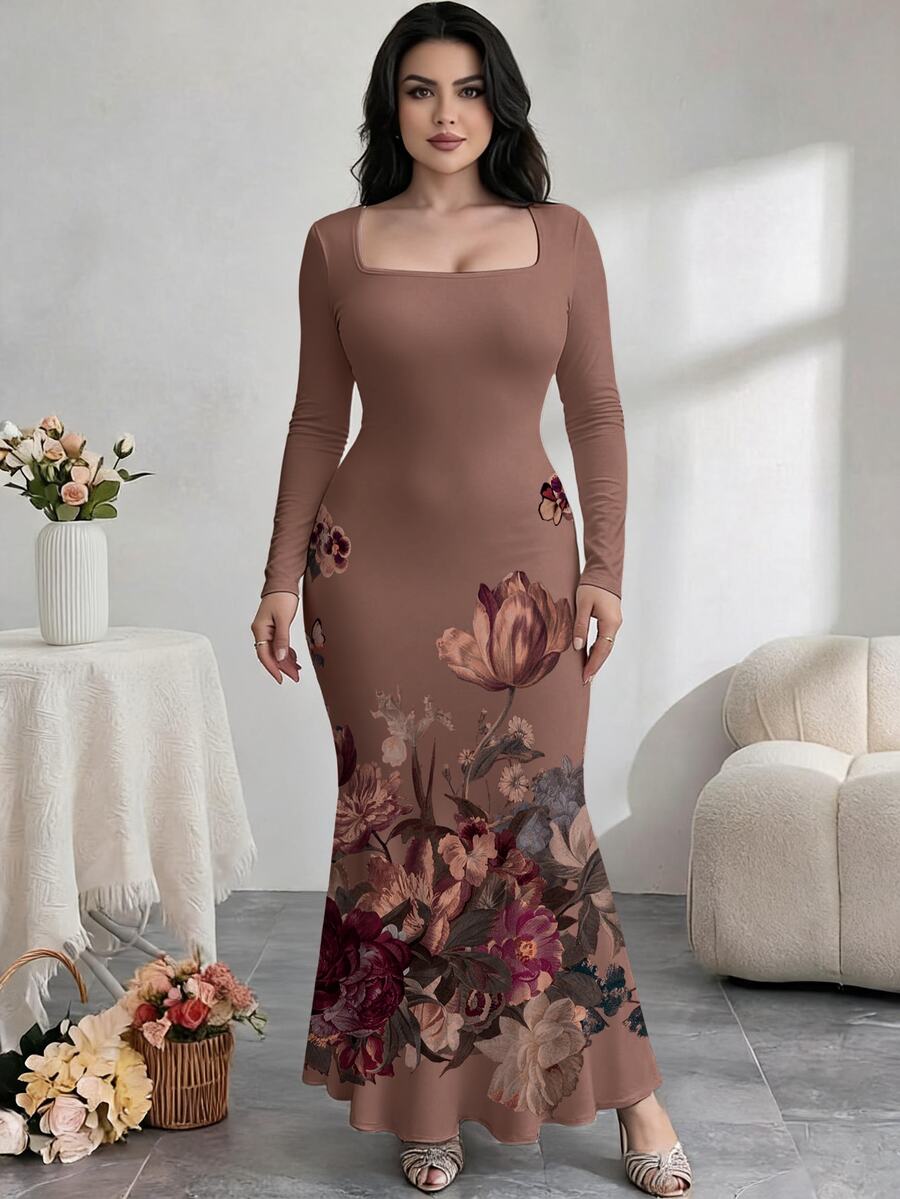 Modelyn 大尺碼女款方領長袖花卉印花魚尾下擺優雅洋裝 - 彩色 - 查看 1