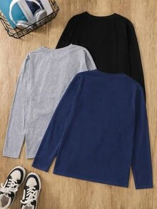 SHEIN 青少年男孩 3件組 T恤多件裝，百搭長袖衣，返校季秋冬款 - 彩色 - 查看 2
