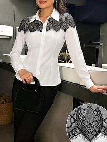 Graceveil Designer Lace Patchwork Long Sleeve Slim Fit Flattering Versatile Unique Women's Daily Commute Blouse - Black and White - View 5