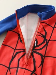 SHEIN 中性新生兒嬰兒男/女童、幼兒秋冬加厚抓絨內裡拼色可愛蜘蛛圖案連身衣，嬰兒冬季連身褲，聖誕 - 紅色 - 查看 6