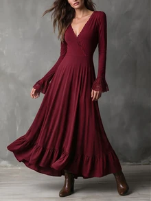 LUMIGAL Women's Autumn/Winter Long Sleeve V-Neck Flared Dress - Burgundy - View 6