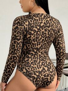 Solflare Bodysuit ôm sát cổ vuông tay dài dệt kim họa tiết da báo phong cách thường ngày size lớn, phù hợp cho mùa Thu/Đông - Nhiều màu - Xem 2