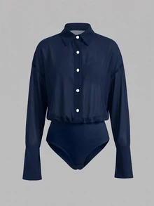 Cévolie 女款休閒性感日常通勤夜生活約會多用途前扣長袖連身衣 深棕色 秋季 - 藏蓝色 - 查看 4