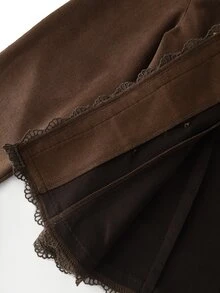 LUMIGAL Dark Brown Suede Round Neck Lace Trim Vintage Long Sleeve Women's Jacket - Coffee Brown - View 6