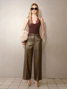 MOTF PREMIUM WOMEN'S BROWN GOLD FOIL STRAIGHT LEG COMMUTER PANTS - Brown - View 5