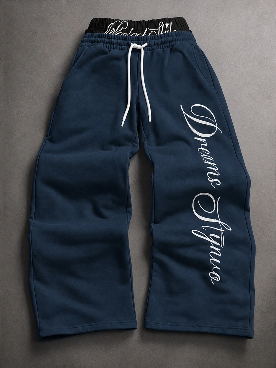 STYNVO 男士休閒運動字母刺繡抽繩腰鬆緊束口運動長褲 灰色寬鬆圖案印花 Manfinity - 藏蓝色 - 查看 1