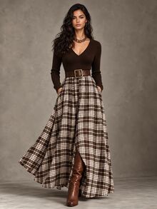 LUMIGAL Women's V-Neck Knit Brown Patchwork Plaid A-Line Chic Casual Commute Elegant Elegant Mid-Length Pocket Dress, Suitable For Spring, Summer, Autumn, Winter, All Seasons - Multicolor - View 6